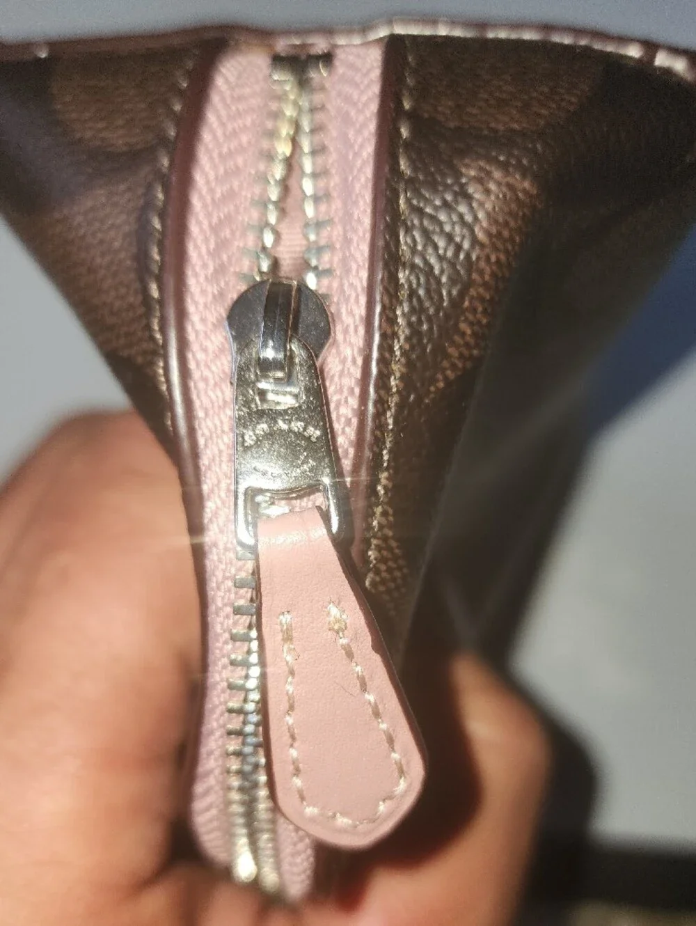 Coach Cosmetic Case 17  Signature Canvas Pouch with Pink Zipper.